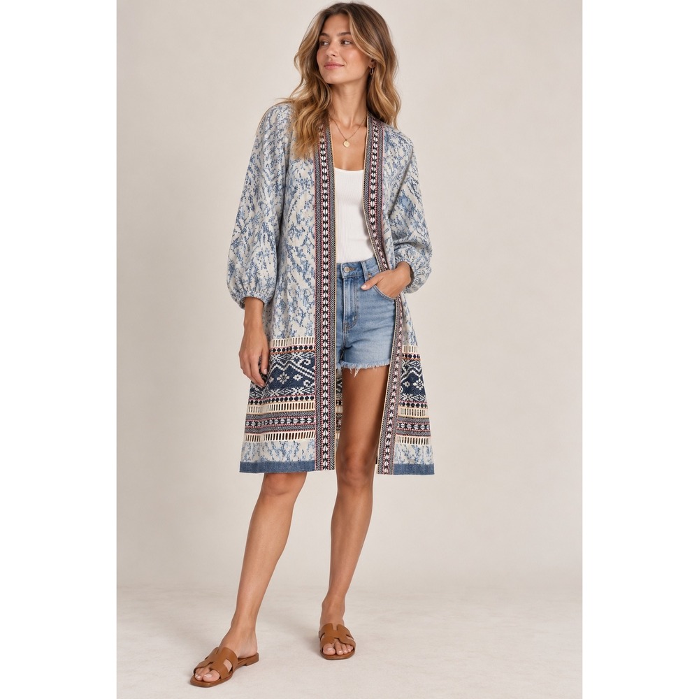 Maeve Anthropologie Blue White Ikat Duster Kimono Robe Embroidered XS S